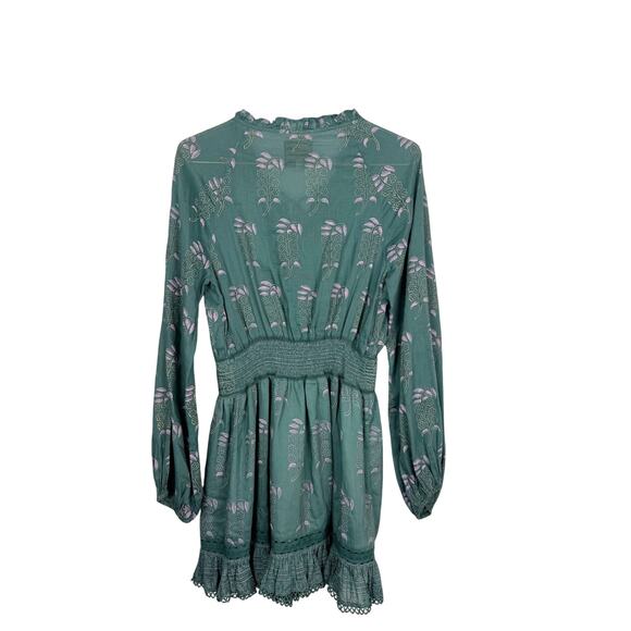 Bell by Alicia Bell Block Print Mini Dress Long Sleeve Green Tassel Tie Boho S - Picture 2 of 12